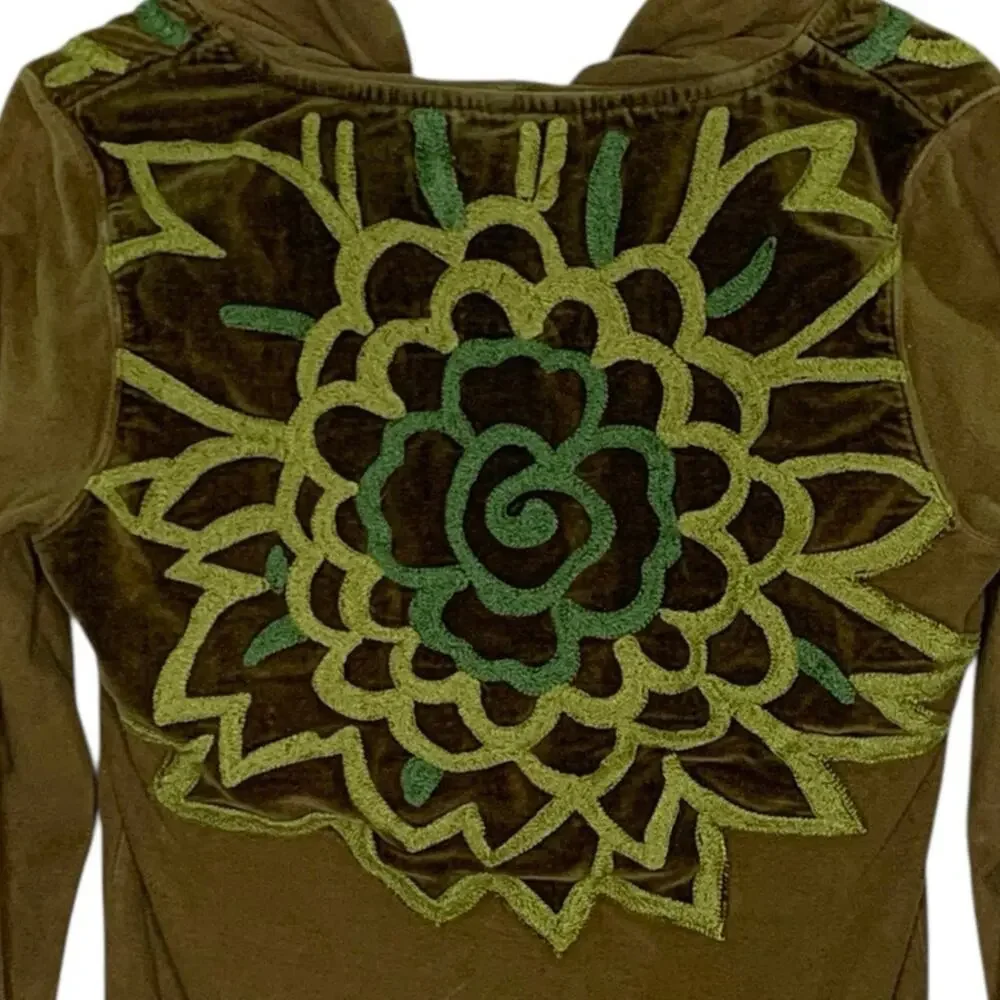 Free People Olive Green Hooded Sweatshirt with Embroidered Accents